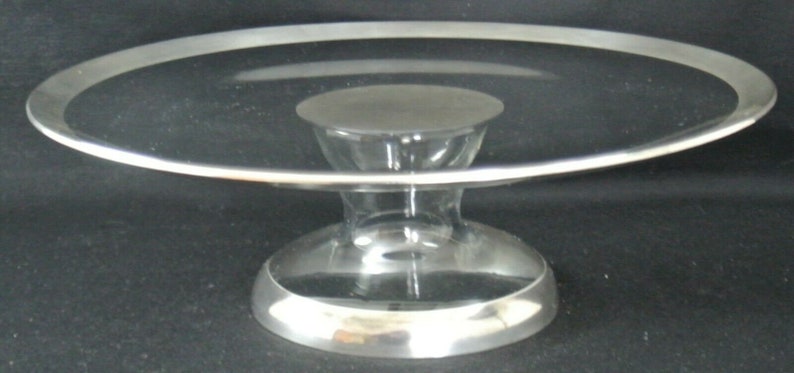Large Mid Century Modern Dorothy Thorpe Cake Plate Stand Glass Sterling Trim Silver Metal