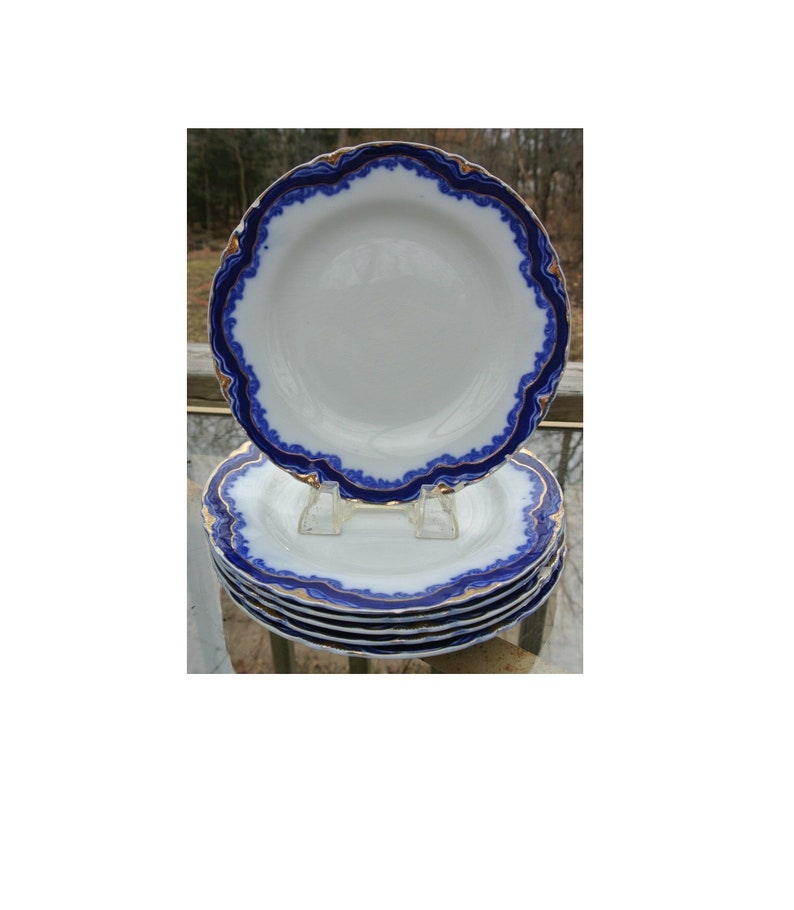 Set of Six Antique Flow Blue J/&G MEAKIN HANLEY 8-18 Plate with Chips Blue White Plate Gold Trim Plate Elegant Table Decor Dinnerware