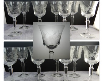 Set of 8 Flower Etched Old Crystal Tall Wine/Water Glasses 7-1/4" Tall