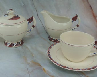 Vintage Vernon Kilns Monterey Red and Blue Cup & Saucer,Creamer and Sugar Bowl