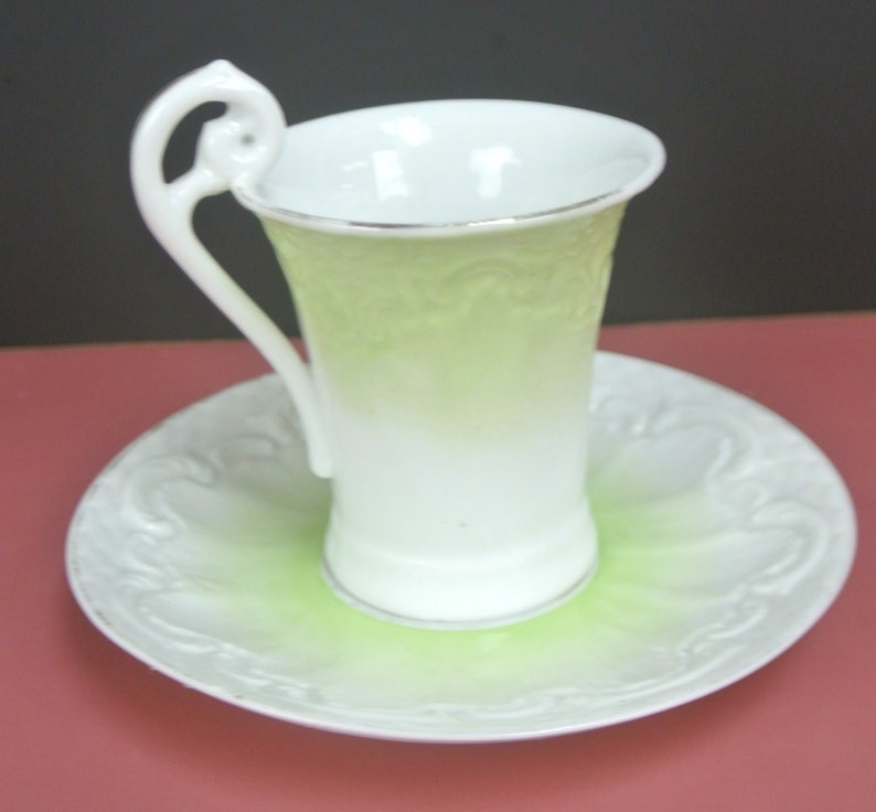 Vintage Beautiful Ornate Green and White Cup and Saucer