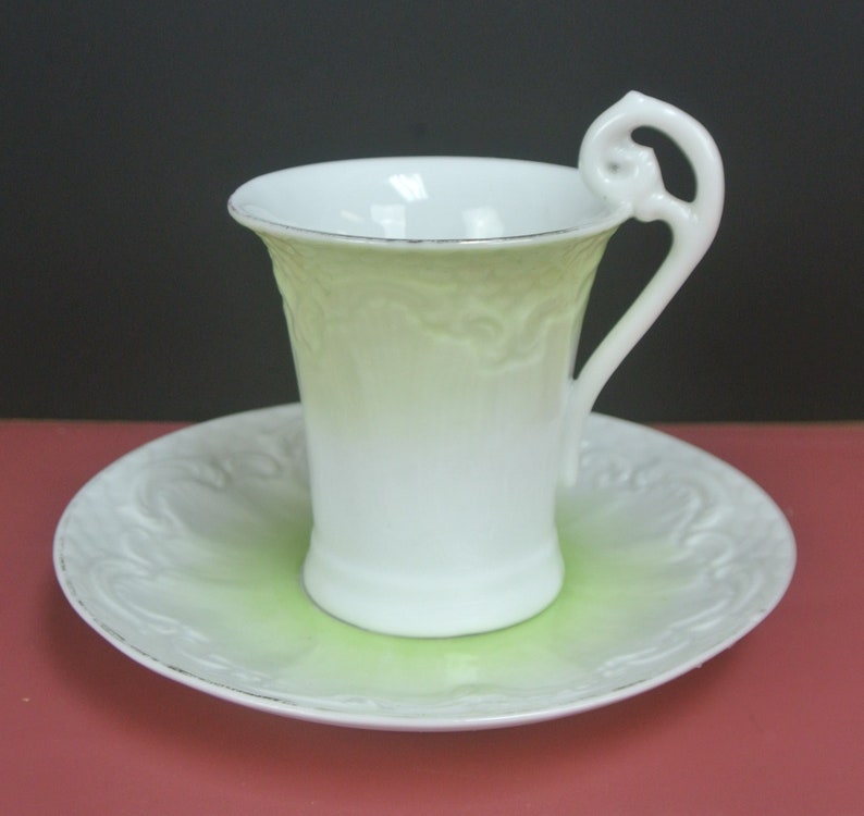 Vintage Beautiful Ornate Green and White Cup and Saucer