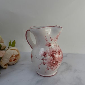 Italian Ceramic Rustic Pitcher /Jug Hand Painted Pink Roses~Made in Italy