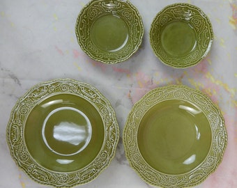 Vintage Canonsburg Pottery Regency Ironstone Green 2 Soup Bowls,2 Fruit Bowls