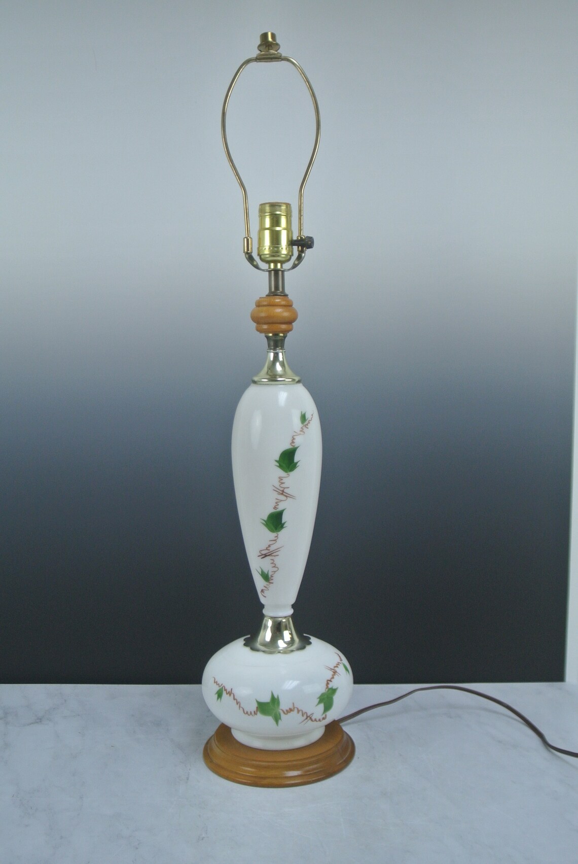 Vintage Milk Glass Lamp Green Ivy Hand Painted Wood Base Etsy