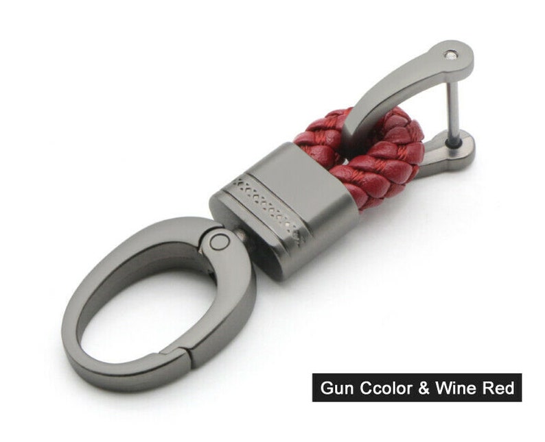 Hand Woven Horseshoe Buckle Car Keychain Keyring Auto Car Key Rings Holder Clip Gun Metal /& Wine Red