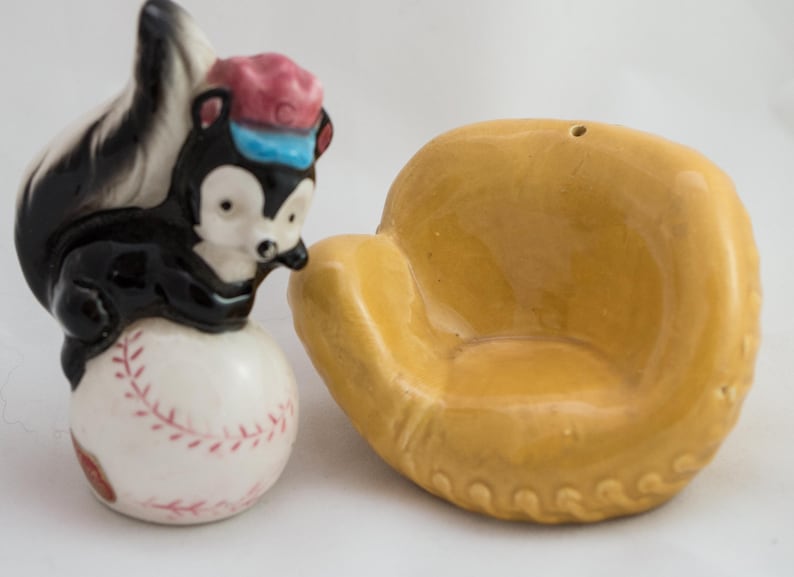 Retro Salt and Pepper Shaker Baseball Skunk with Glove by Etsy