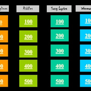 May include: A game board with four categories: Film Taglines, Riddles, Song Lyrics, and Werewolves. Each category has five boxes with point values of 100, 200, 300, 400, and 500.