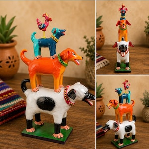 May include: A stack of four hand-painted animal figurines on a green rectangular base. The bottom figure is a white dog with black spots, supporting an orange dog, a blue dog, and a small red rooster at the very top. Each animal wears a collar.
