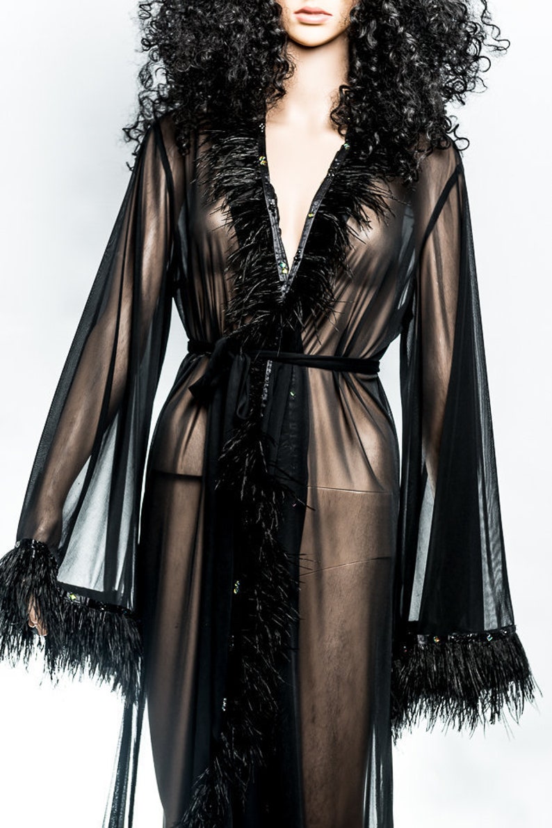 Black Sheer Robe With Feather Sheer Bridal Robe Black Robe Etsy UK