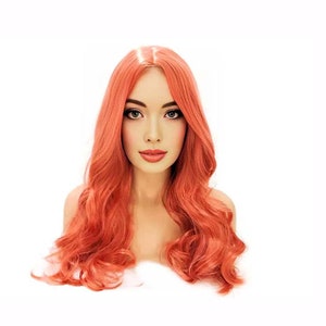 Pink Wavy Wigs for Women Long Curly Rose Gold Middle Part Orange Pink Synthetic Wig for Cosplay Daily Holiday Gift