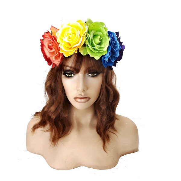 Rainbow Colored Hawaiian Stretch Rose Flower Headband Floral Crown for Garland