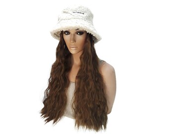 Bucket  Hat Wig  With Wig For Women  Boucle Hat - Crimped Wavy Dark Warm Brown Long Wig - Hat With Hairs - White Hat Wig  Bangs Auburn Brown