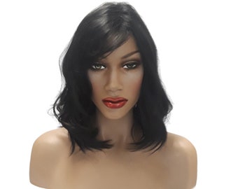 Curly Brown Black Side Swept Bangs Synthetic Bob Wig, Everyday Womens Wigs Natural Naughty Look Medium Size Dark Color Wig