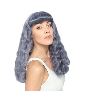 Lavender Purple Grey  Pin-up Wig with Bangs, 29” Black Synthetic Wig with Long Curls Pin Curled Bangs
