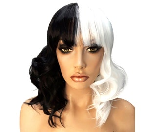 Black and White Wig Short Wavy Shoulder Length Women Full Bang Heat Resistant Wig (Black and White)