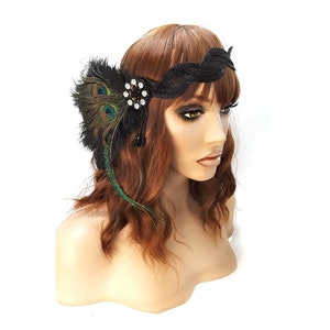 1920s Flapper Vintage Peacock Feather Gatsby Beaded Tassel Headpiece