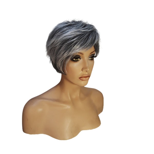 Salt and Pepper Asymmetrical Pixie cut Pixie Cut Curly  Short Synthetic Heat Resistant Wig With Bangs,