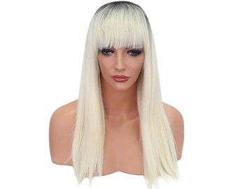 Long Platinum Blonde Synthetic Wig with Black Roots and Bangs