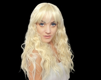 Platinum Blonde Crimped Curly Long Synthetic Wig With Bangs