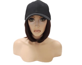 Baseball Cap with Hair Extensions for Women Adjustable Hat with Synthetic Wig Attached 16inch Long Straight Hair Black Baseball Cap Black