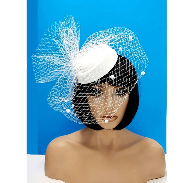 Fascinators Hat for Women Tea Party Headband Kentucky Derby Wedding Flower Cocktail Mesh Feathers Hair Clip White
