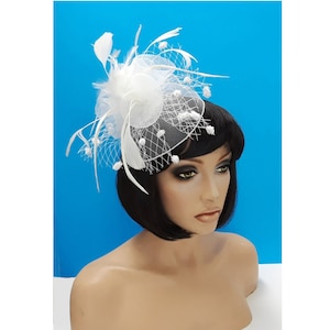 Fascinators Hat for Women Tea Party Headband Kentucky Derby Wedding Flower Cocktail Mesh Feathers Hair Clip White