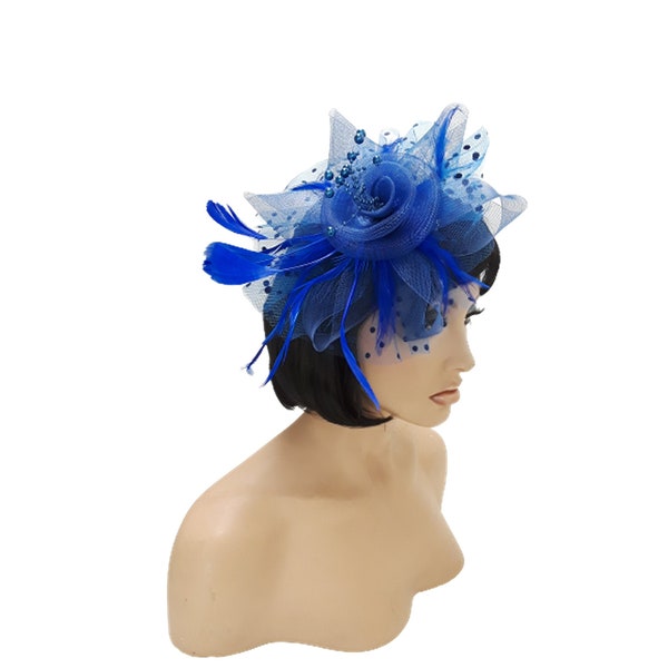 Fascinators Hat for Women Tea Party Headband Kentucky Derby Wedding Flower Cocktail Mesh Feathers Hair Clip Blue