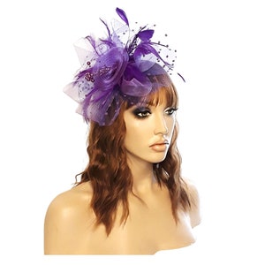 Fascinators Hat for Women Tea Party Headband Kentucky Derby Wedding Flower Cocktail Mesh Feathers Hair Clip Purple