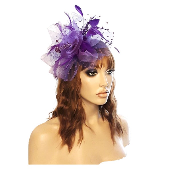 Fascinators Hat for Women Tea Party Headband Kentucky Derby Wedding Flower Cocktail Mesh Feathers Hair Clip Purple