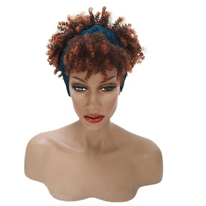 Headband afro wig Adjustable band Blue Headwrap with Casual soft Brown Afro Synthetic wig. Daily wear Realistic Natural look Wig
