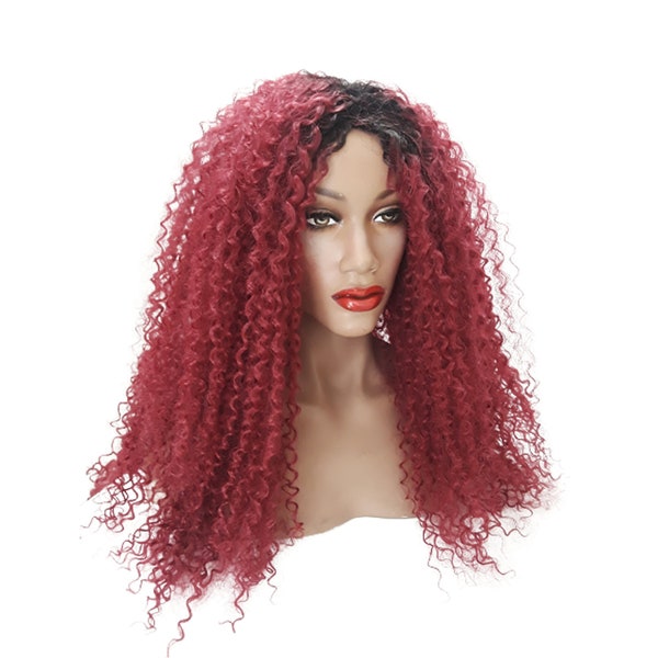 Extra Curly Afro Style Auburn/Black Synthetic Wig Realistic Heat Resistant Ombre