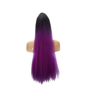 Long Kinky Straight Drawstring Ponytail for Black Women, Ombre Black and Purple Yaki Curly Hair 26 Inch Ponytail Extension