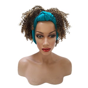 Headband afro wig Adjustable band Blue Headwrap with Casual soft brown Afro Synthetic wig. Daily wear Realistic Natural look