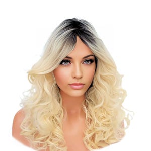Ombre Blonde Wig, Black Roots Platinum Blonde Curly Wig, Long Heat Resistant Synthetic Wig