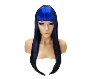 Long Straight Black/Blue Synthetic Wig With Bangs Heat Resistant Realistic Looking