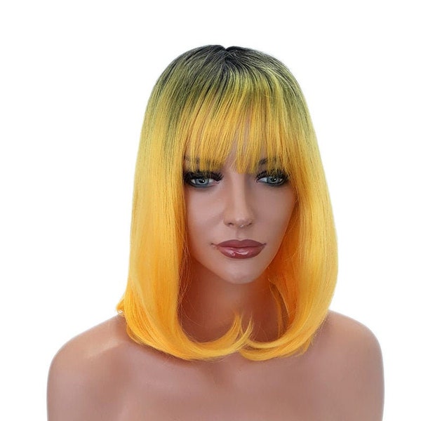 Yellow and Black Ombre Bob Style Heat Resistant Wig With Bangs and Curls