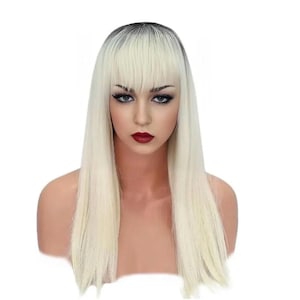 Long Platinum Blonde Synthetic Wig with Black Roots and Bangs