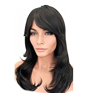 Long Black Brown Wavy Layered Synthetic Wig, Brown Wig with Side Swept Bangs