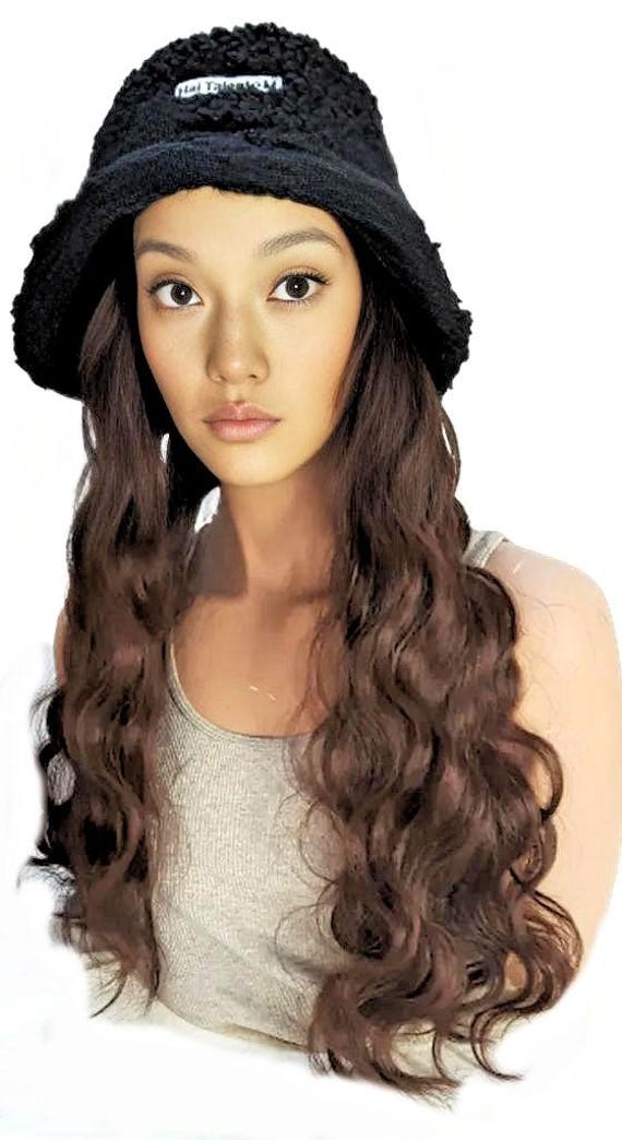 Bucket Hat Wig With Wig for Women Boucle Hat Curly Auburn Brown