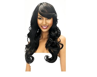 Curly Black Wig, Heat Resistant Synthetic Hair, Side Swept Bangs