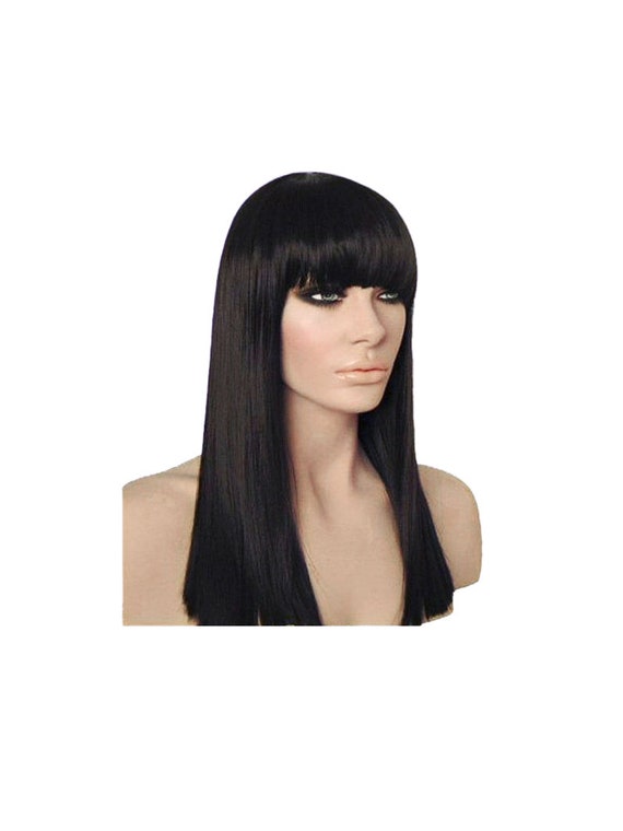 Middle Length Black Straight Synthetic Wig Natural Looking Black Hair Wigs  with Bangs Heat Resistant Hair for Women Daily Party - AliExpress