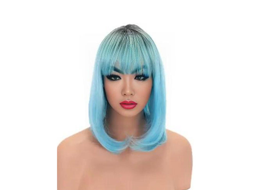 Light Blue With Black Roots Synthetic Ombre Curly Bob Style Wig - Main Image