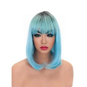 Light Blue With Black Roots Synthetic Ombre Curly Bob Style Wig