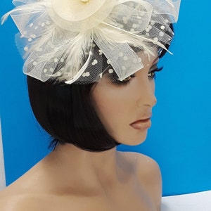 Fascinators Hat for Women Tea Party Headband Kentucky Derby Wedding Flower Cocktail Mesh Feathers Hair Clip Beige image 3