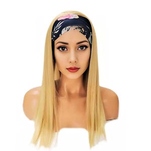 Headband Long Straight Blonde wig Adjustable band black Head Wrap with Casual soft Long Synthetic wig. Daily wear Realistic Natural look Wig