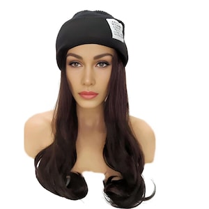 Hat with Hair Attached Slouchy Winter Knit Hat Synthetic Long curly Hair Beanie Cap for Women Wig Hat with Hair Brown Black