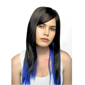 Long Straight Black/Blue Synthetic Wig With Bangs Heat Resistant Realistic Looking