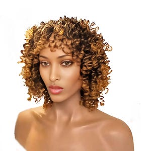 Extra Curly Ombre Style Brown and Blonde Mix with Bangs Synthetic Heat Resistant Wig. With  Dark roots.