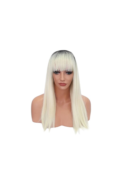 Long Platinum Blonde Synthetic Wig With Black Roots And Bangs Etsy